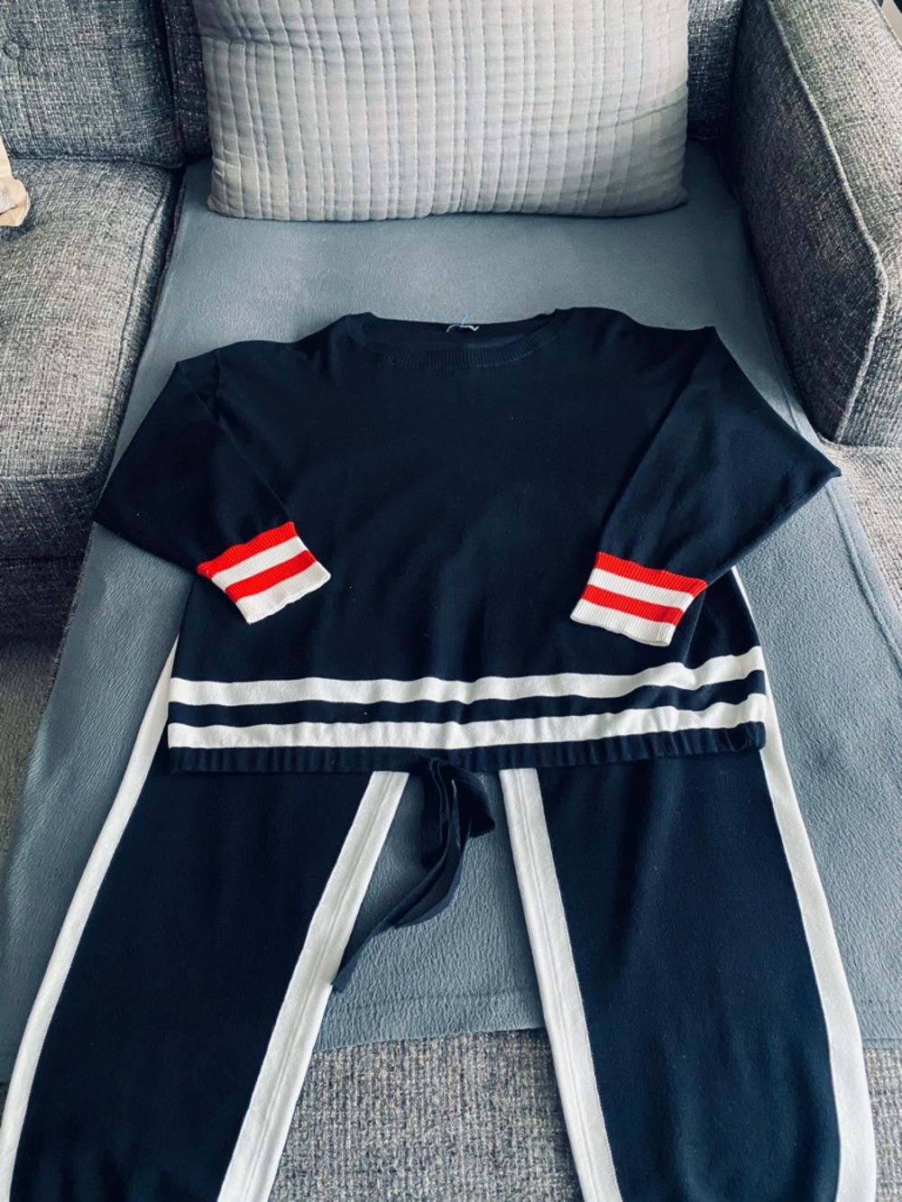 MARELLA Navy Knit Top and Pants with White and Red Stripes